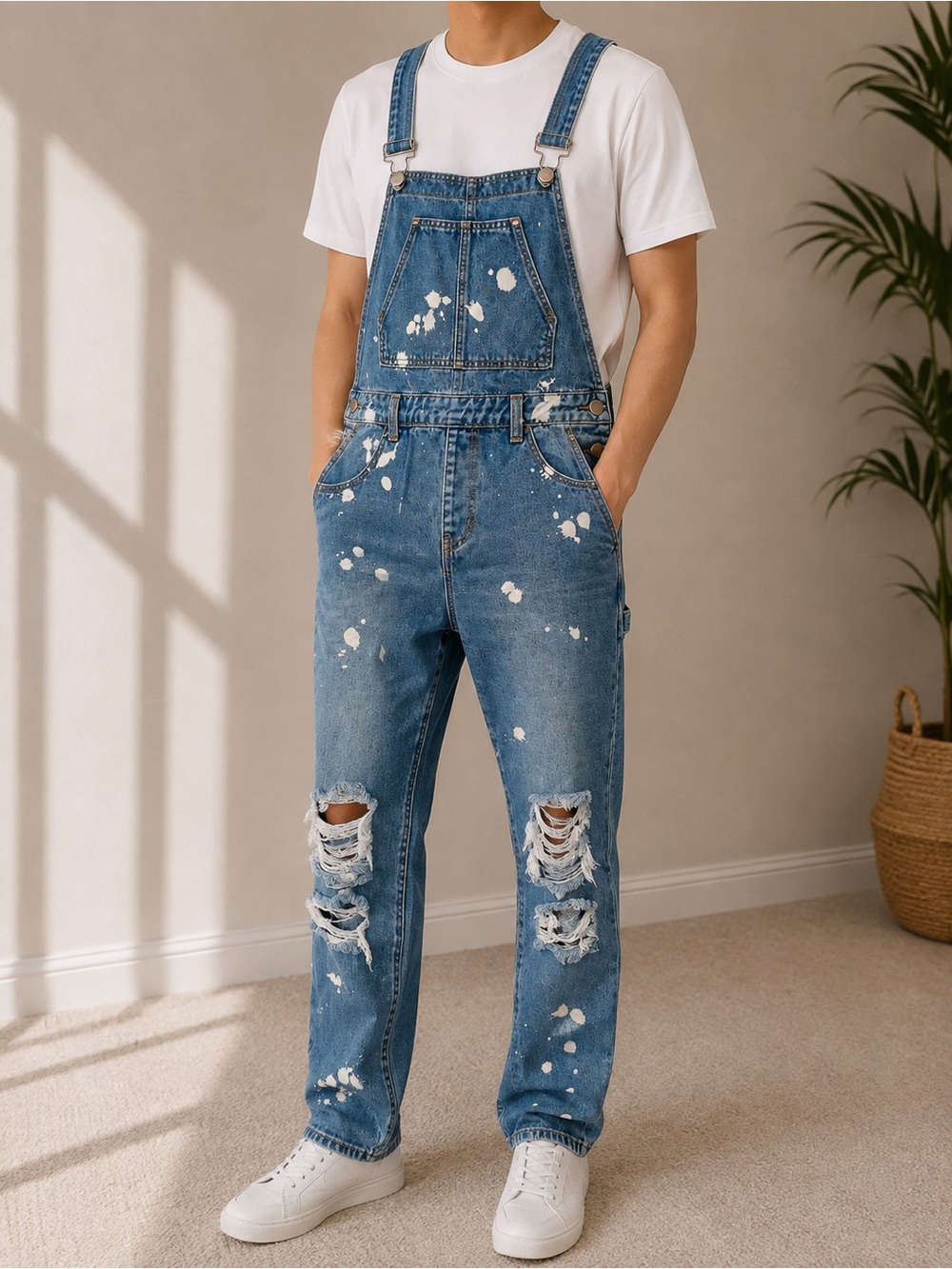 Forever 21 Distressed Paint Splatter Denim Overalls – Size Medium